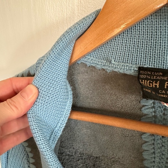 VINTAGE 70s Suede Patch Button Up Knit Sweater - Picture 7 of 9